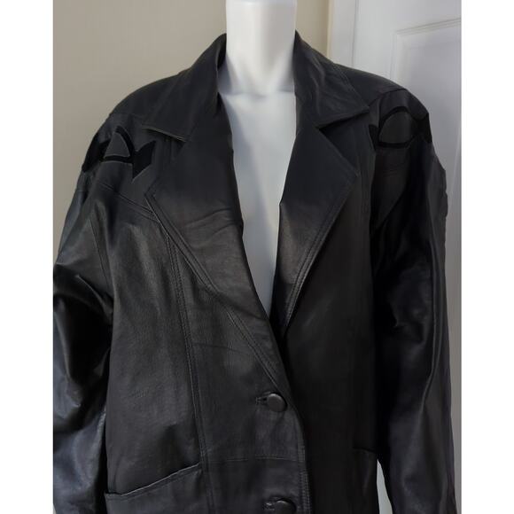 VTG Marco Morani Black Leather Trench Button Up Coat Suede Embellishments Size M - Picture 6 of 9